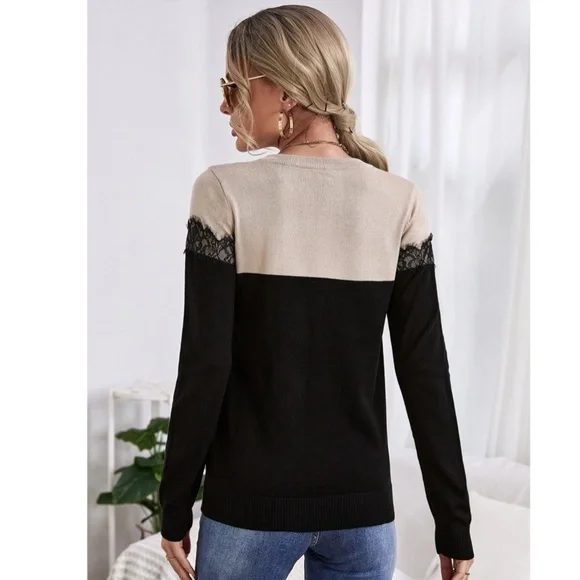 Lace Detail Black Beige Crew Neck Knit Long Sleeve Sweater Pullover - Picture 5 of 7